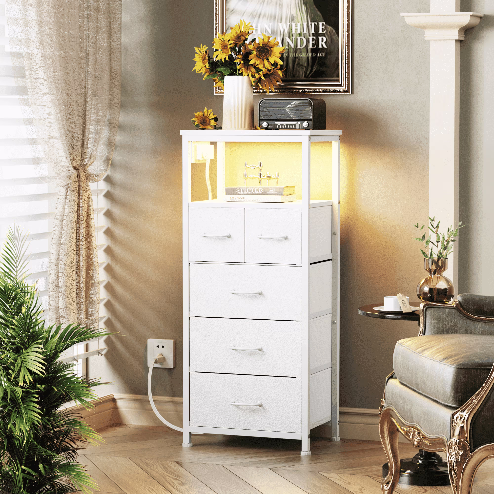 TYDIMOR Small Dresser for Bedroom, 5 Drawer with Charging Station, White, Ideal for Adults