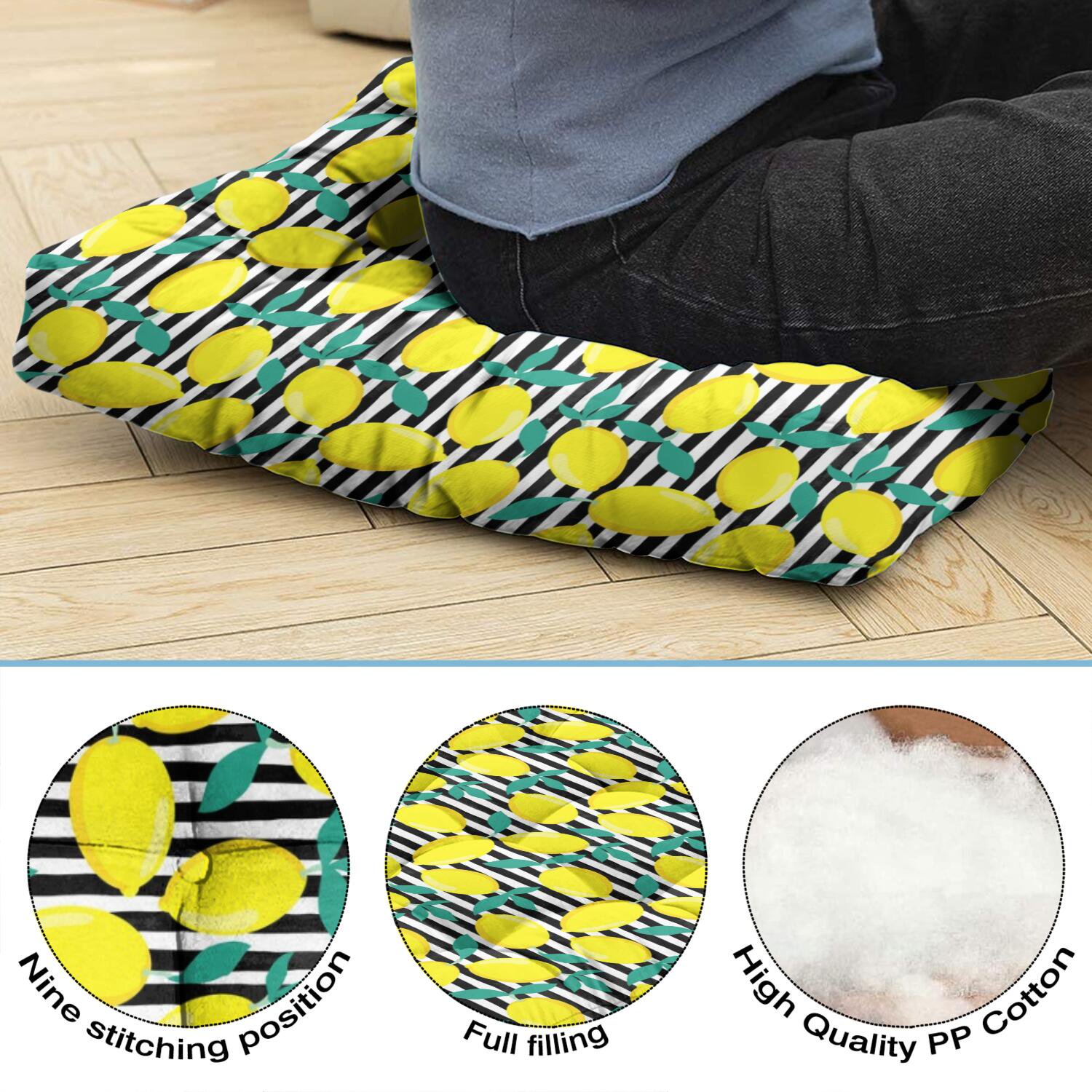 Zesty Lemon Floor Cushion - 22x22 Inch Large Pillow, Dutch Velvet, Fresh Citrus Pattern for Tatami & Living Room - Image 2
