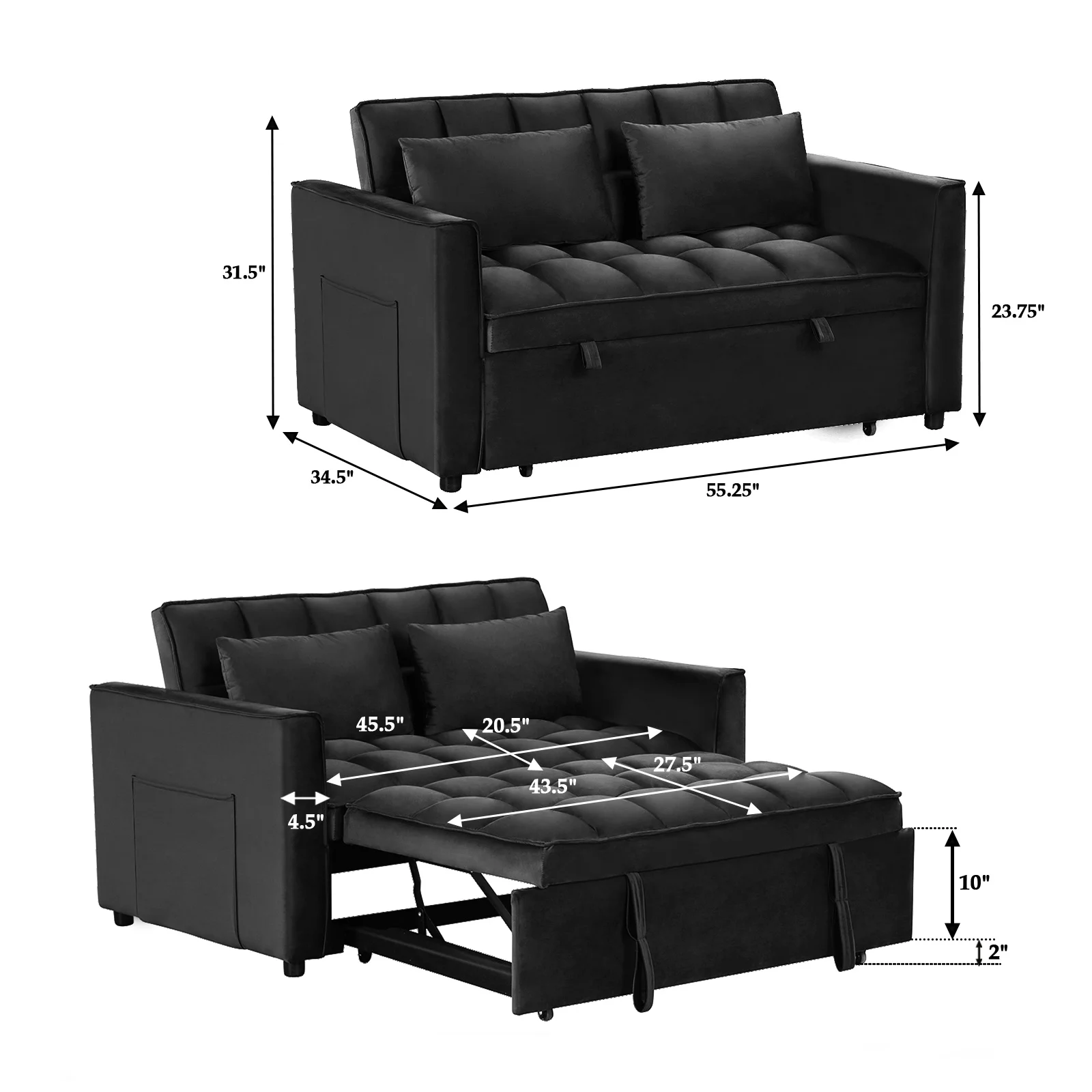 Bonzy Home Convertible Velvet Loveseat Sofa Bed with Adjustable Backrest, Black - Image 7