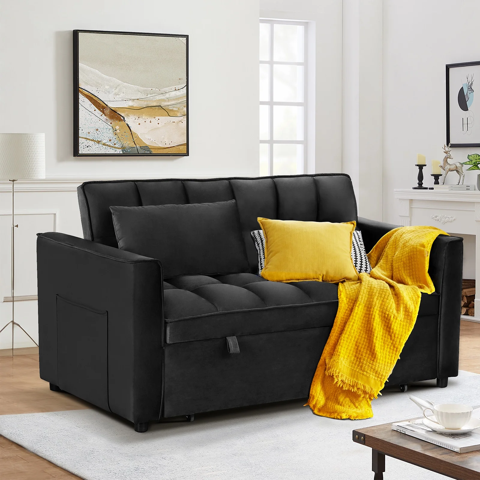 Bonzy Home Convertible Velvet Loveseat Sofa Bed with Adjustable Backrest, Black - Image 6