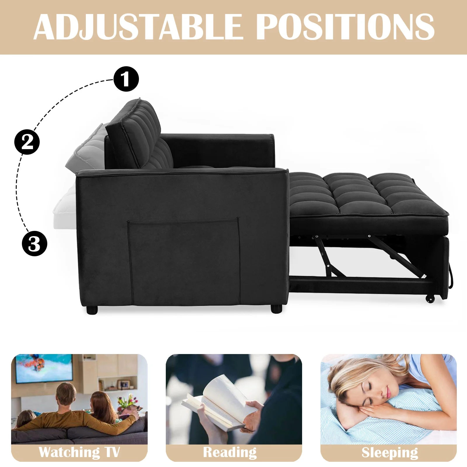 Bonzy Home Convertible Velvet Loveseat Sofa Bed with Adjustable Backrest, Black - Image 5