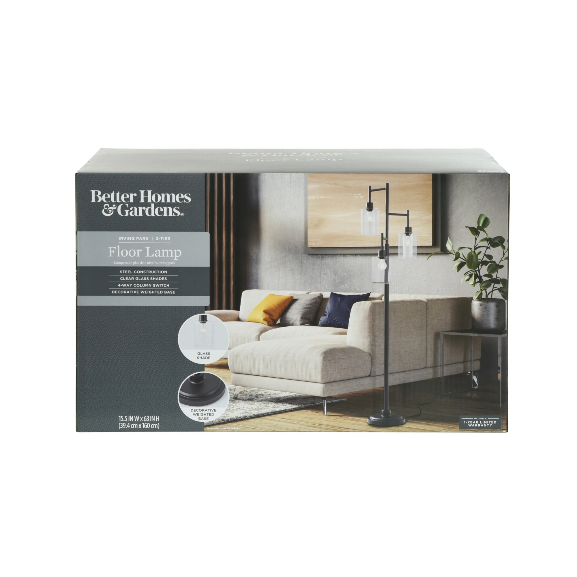 Better Homes & Gardens 63.5 in 3 Light Contemporary Black Floor Lamp Clear Glass - Image 6