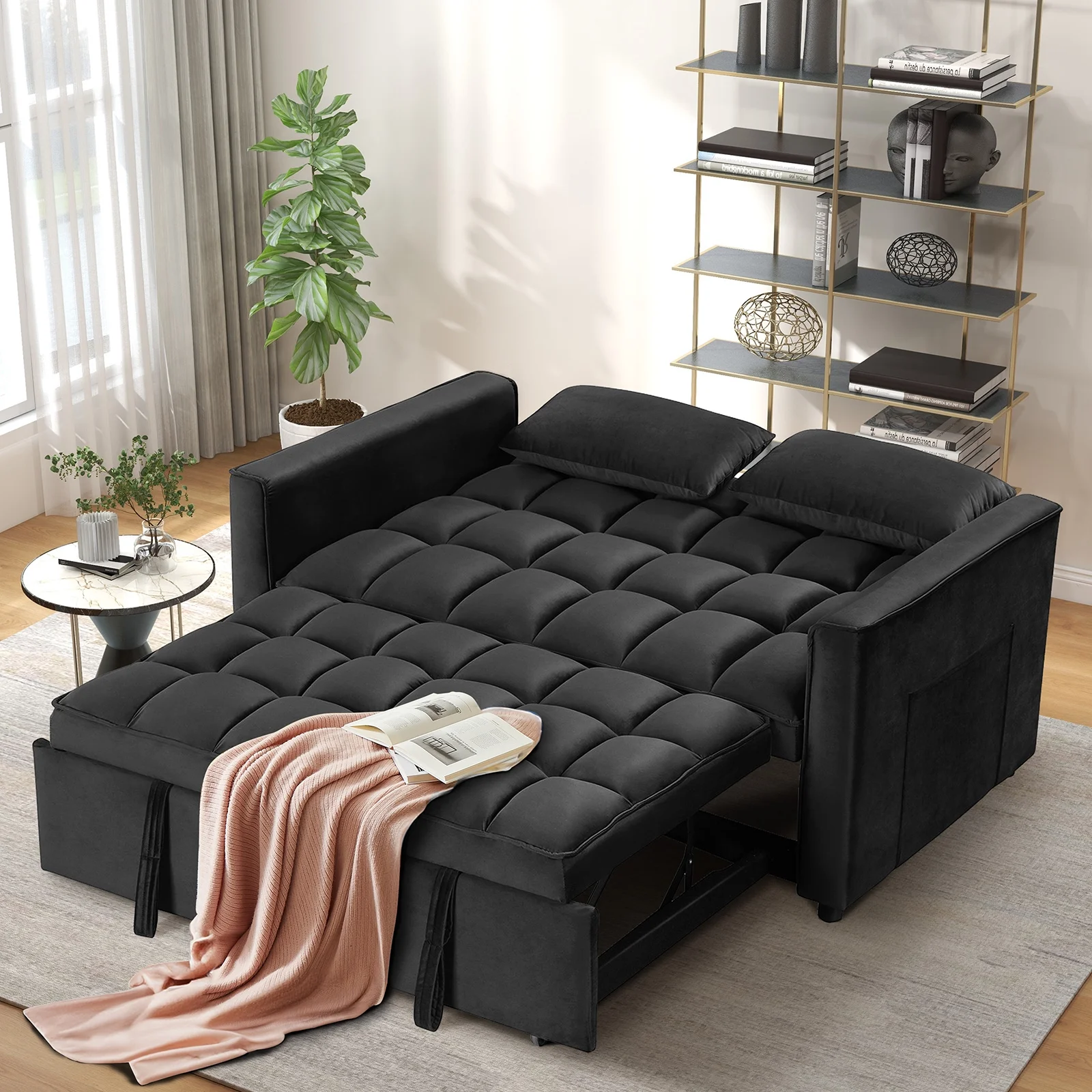 Bonzy Home Convertible Velvet Loveseat Sofa Bed with Adjustable Backrest, Black - Image 2